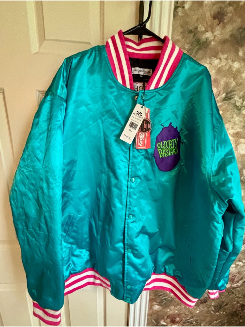 Teal Satin Bomber Jacket with Pink & White Stripe Trim “Old Dirty Bastard”